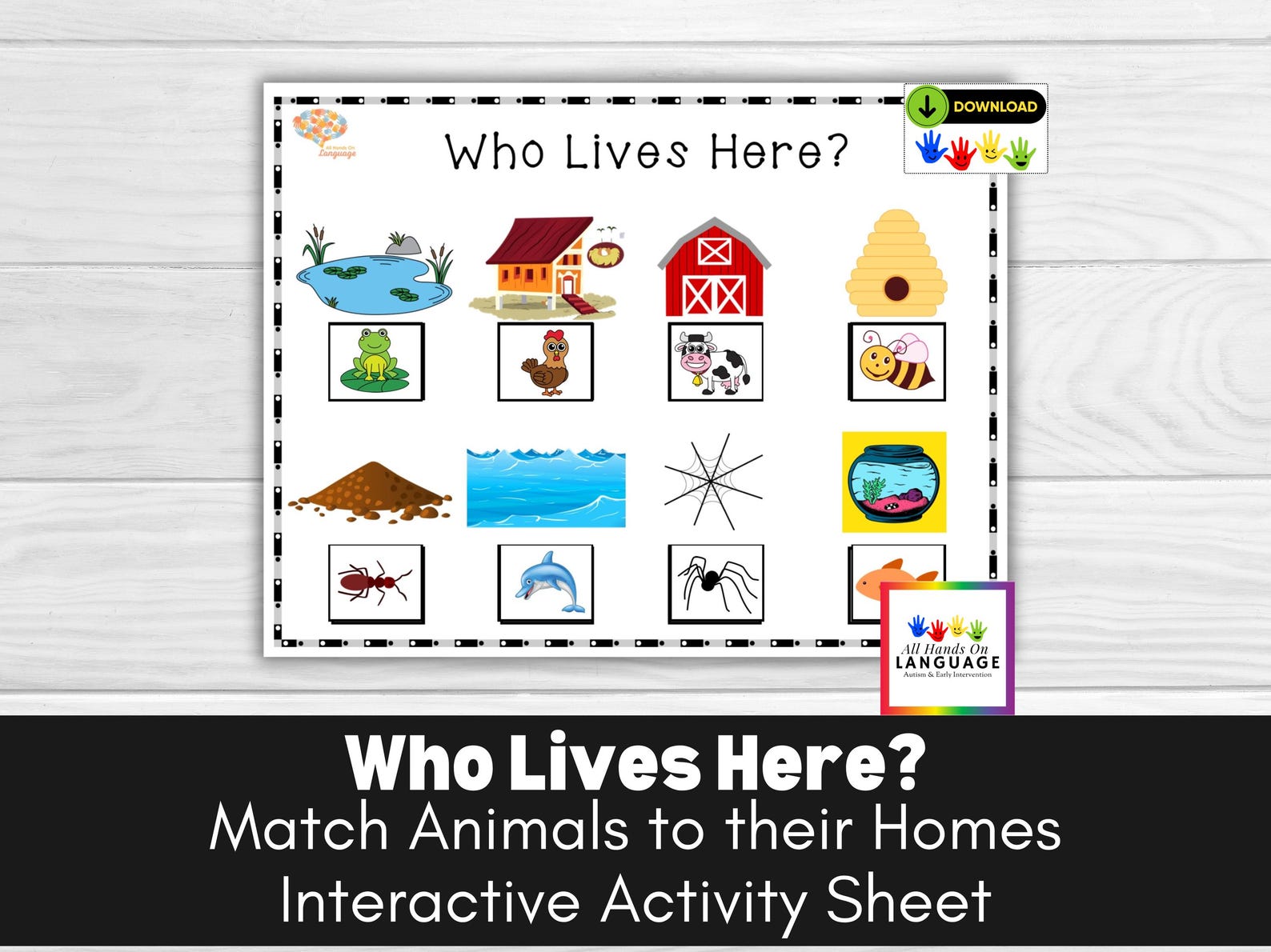 Animals and Homes Matching Activity, Who Lives Here? Associations, Speech Therapy, Autism PDF Printable