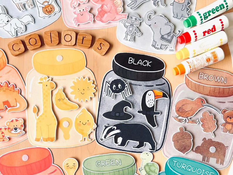 Color Sorting Toddler Activities, Color Matching in Jars Game for Kindergarten Pre-K, Coloring Pages Activity, Montessori Printable