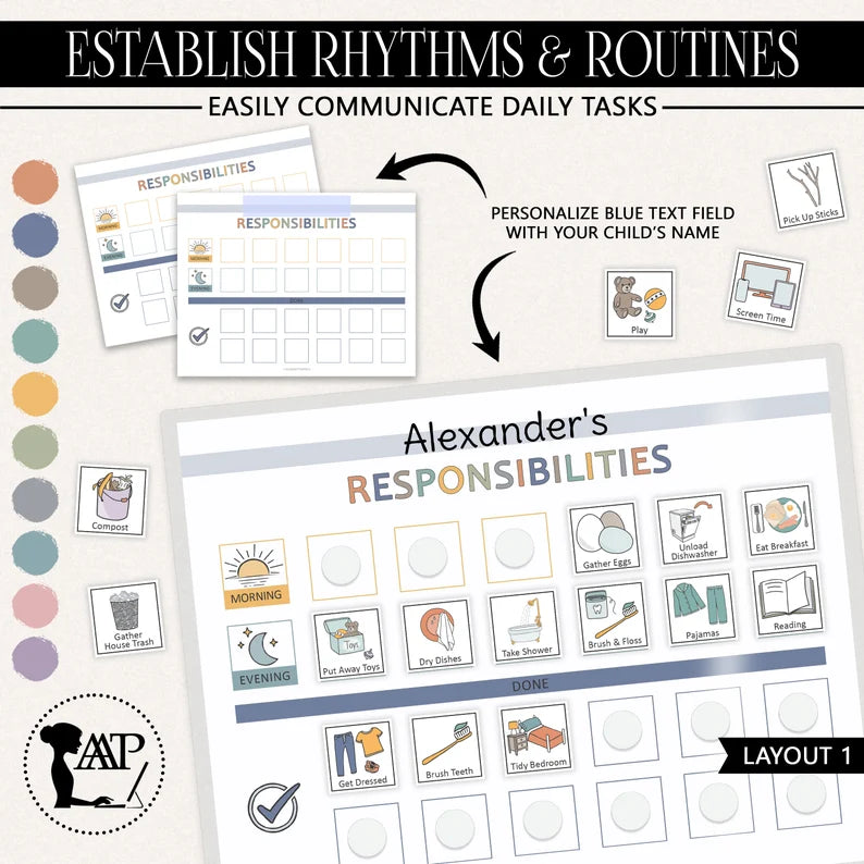 Kids Daily Responsibility Chore Chart - Visual Routine Cards (Printable PDF)