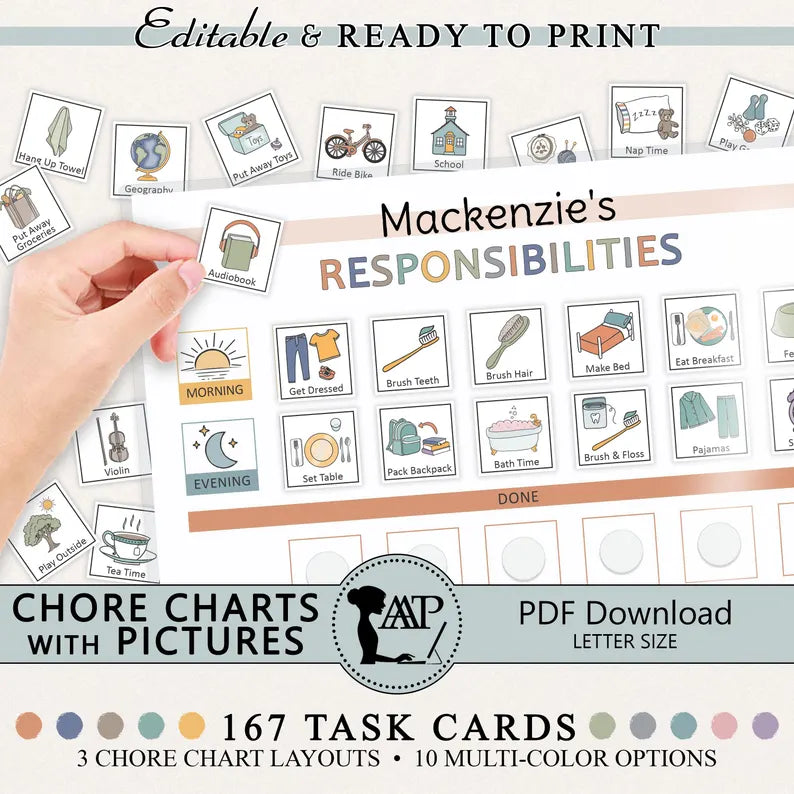 Kids Daily Responsibility Chore Chart - Visual Routine Cards (Printable PDF)